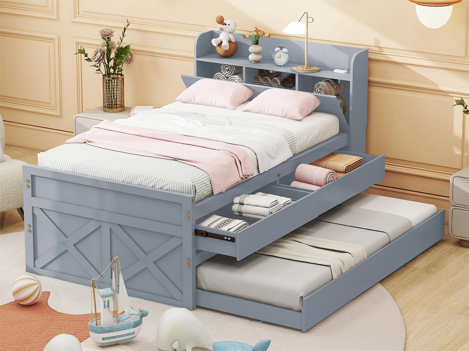 Onderschuifbed met 2 laden - 90 x 190 cm - opbergplanken en USB-aansluiting - massief hout - grijs