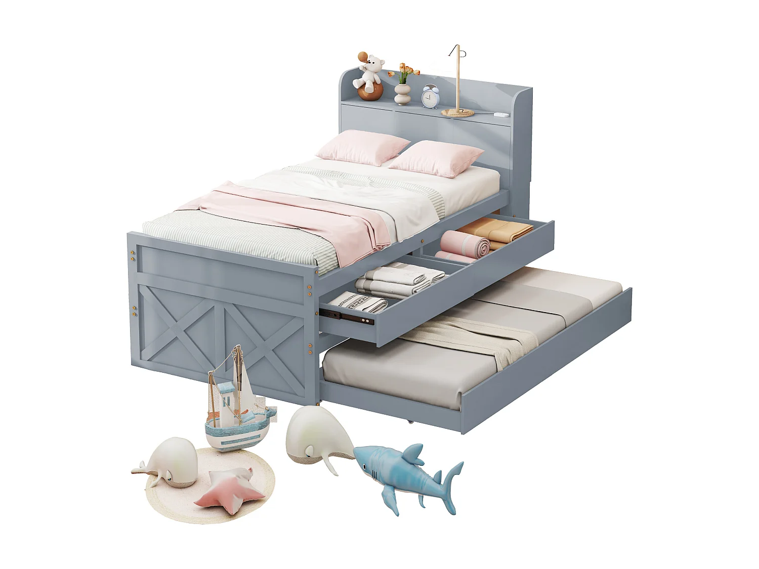 Onderschuifbed met 2 laden - 90 x 190 cm - opbergplanken en USB-aansluiting - massief hout - grijs