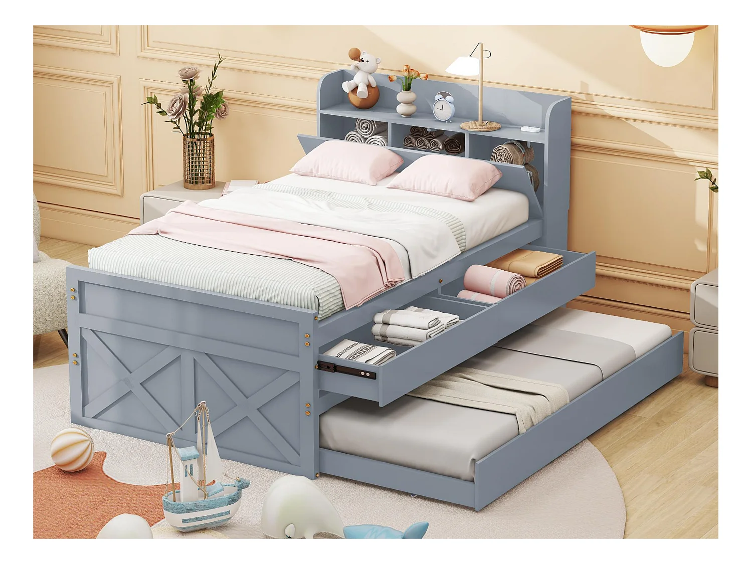 Lit gigogne avec 2 tiroirs - 90 x 190 cm - étagères de rangement et prise USB - bois massif - gris
