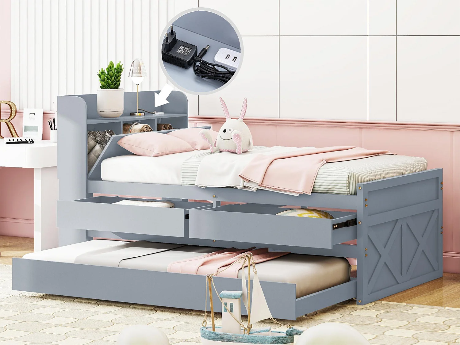 Lit gigogne avec 2 tiroirs - 90 x 190 cm - étagères de rangement et prise USB - bois massif - gris