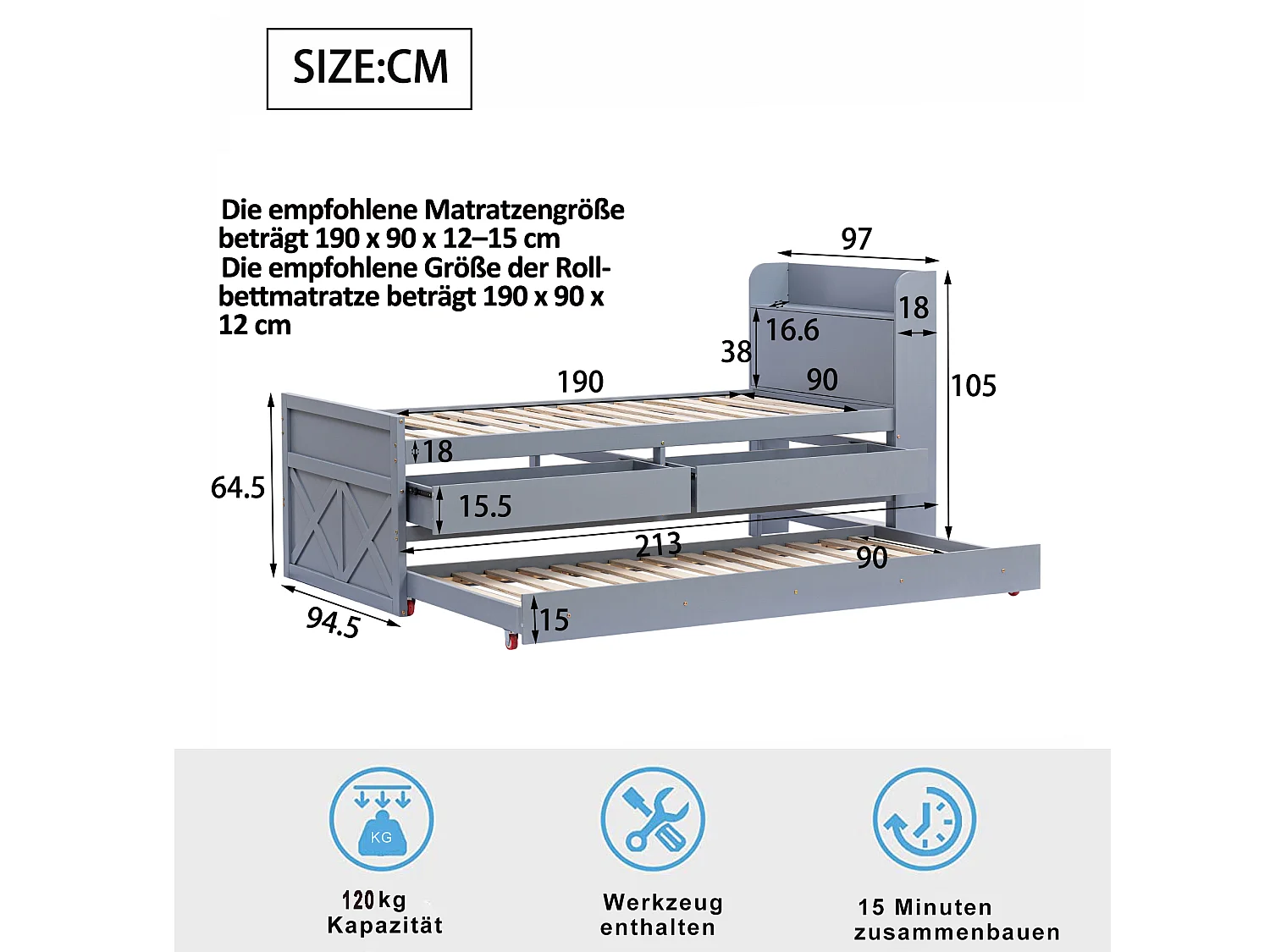 Lit gigogne avec 2 tiroirs - 90 x 190 cm - étagères de rangement et prise USB - bois massif - gris