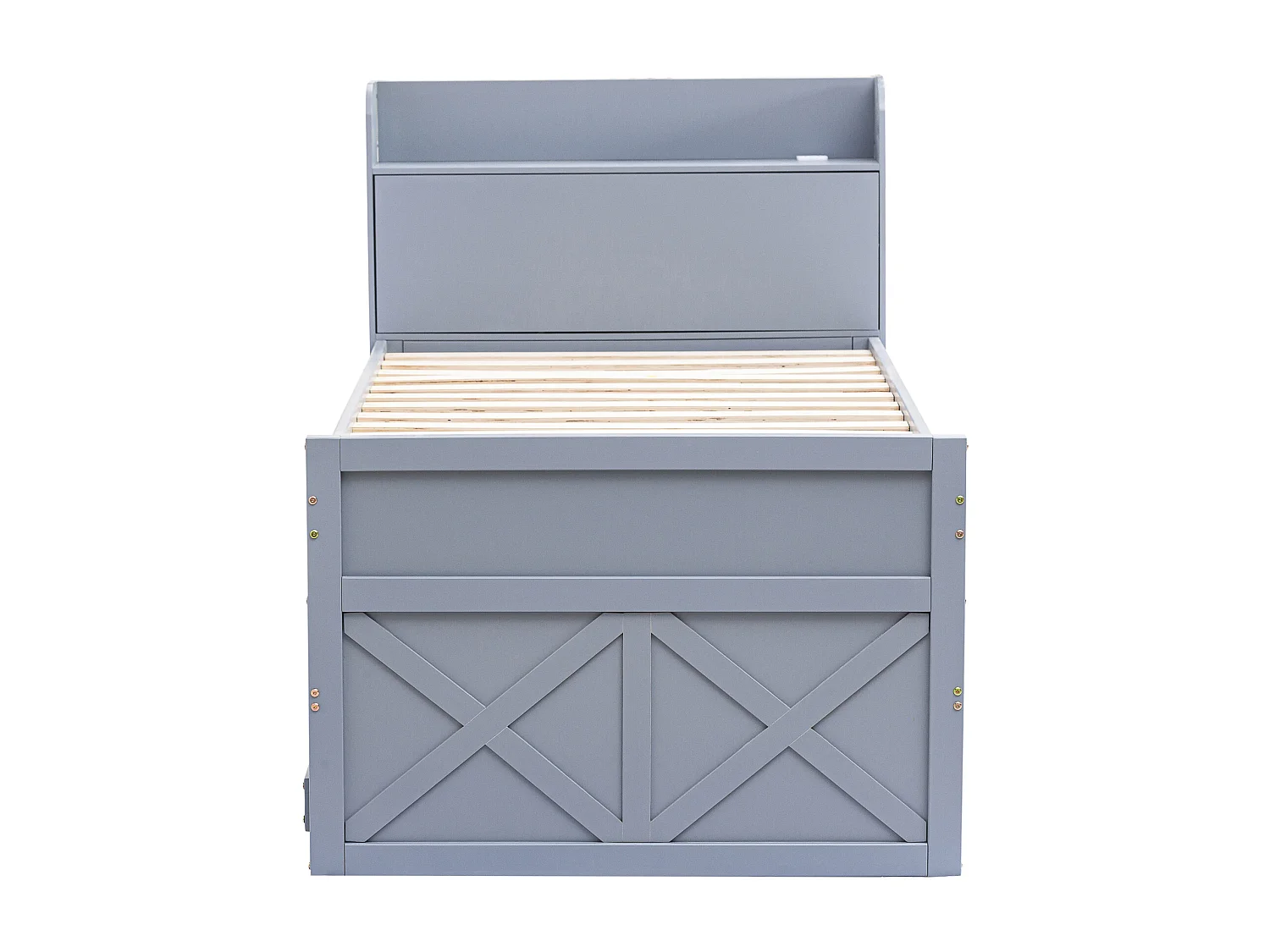 Lit gigogne avec 2 tiroirs - 90 x 190 cm - étagères de rangement et prise USB - bois massif - gris