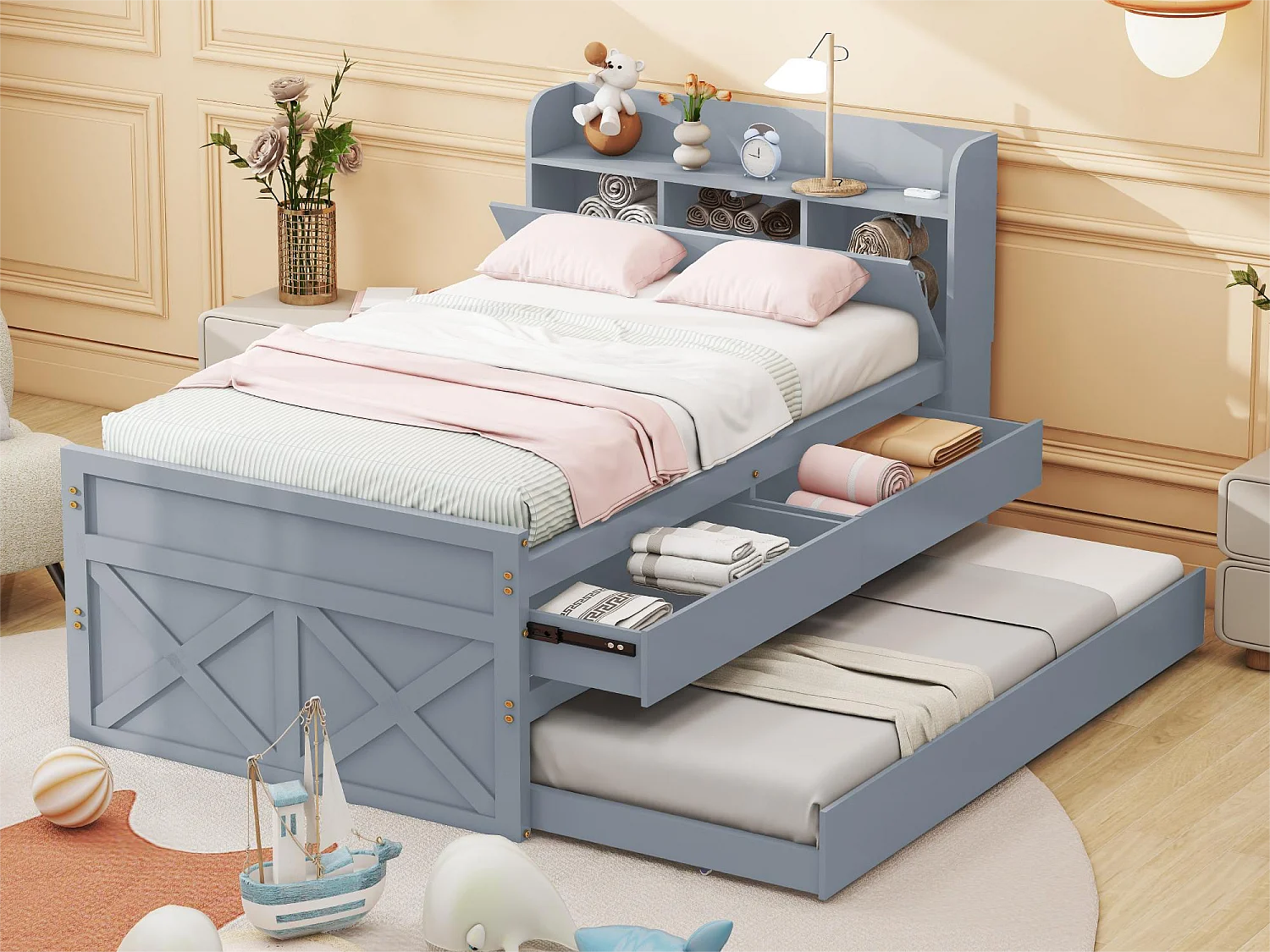 Onderschuifbed met 2 laden - 90 x 190 cm - opbergplanken en USB-aansluiting - massief hout - grijs