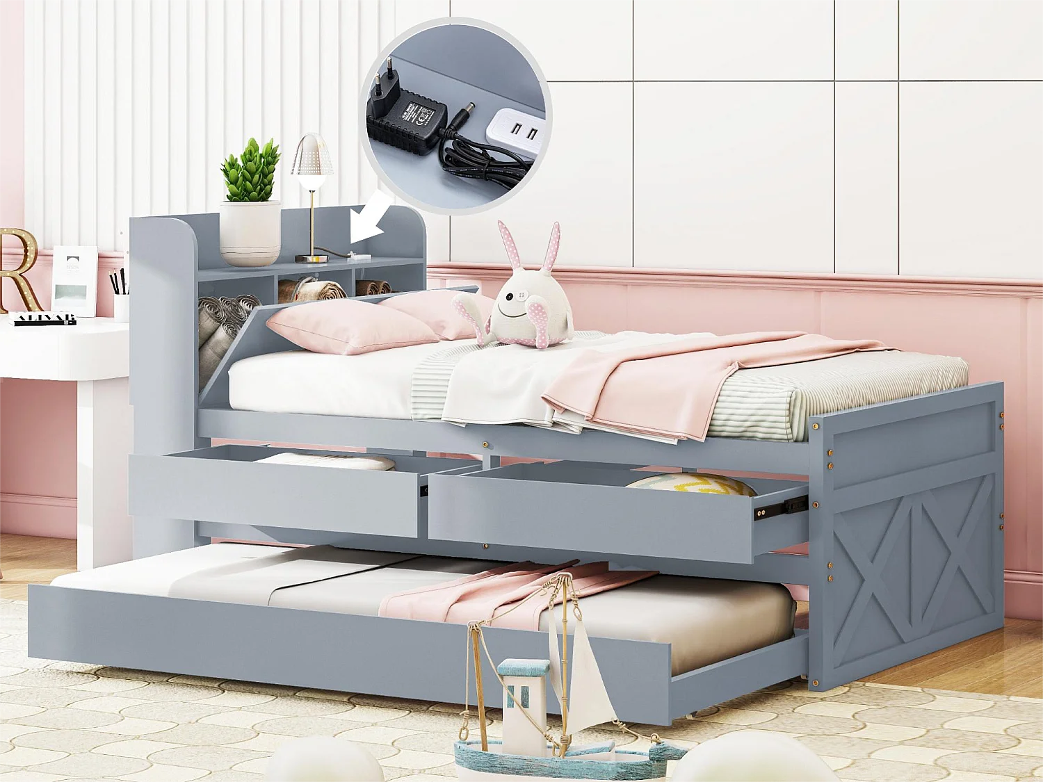 Onderschuifbed met 2 laden - 90 x 190 cm - opbergplanken en USB-aansluiting - massief hout - grijs