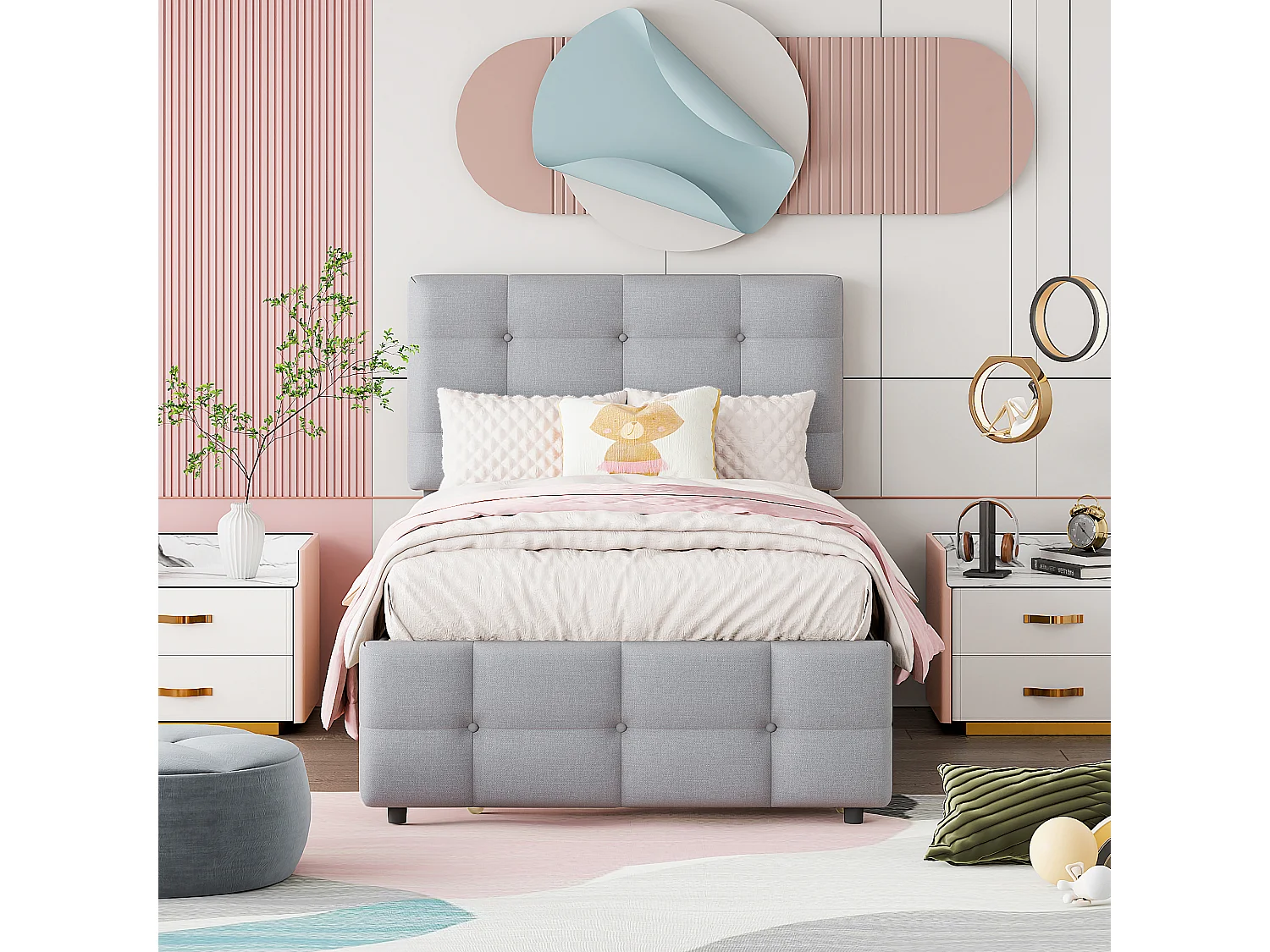 Ausziehbett 90 x 190/200 cm – verstellbares Kopfteil – Leinenstoff – für Kinder – Grau