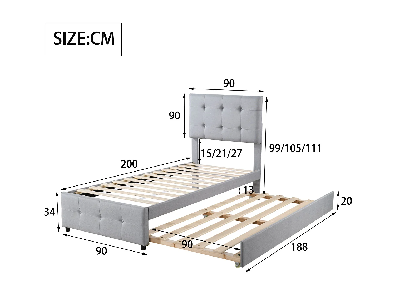Ausziehbett 90 x 190/200 cm – verstellbares Kopfteil – Leinenstoff – für Kinder – Grau