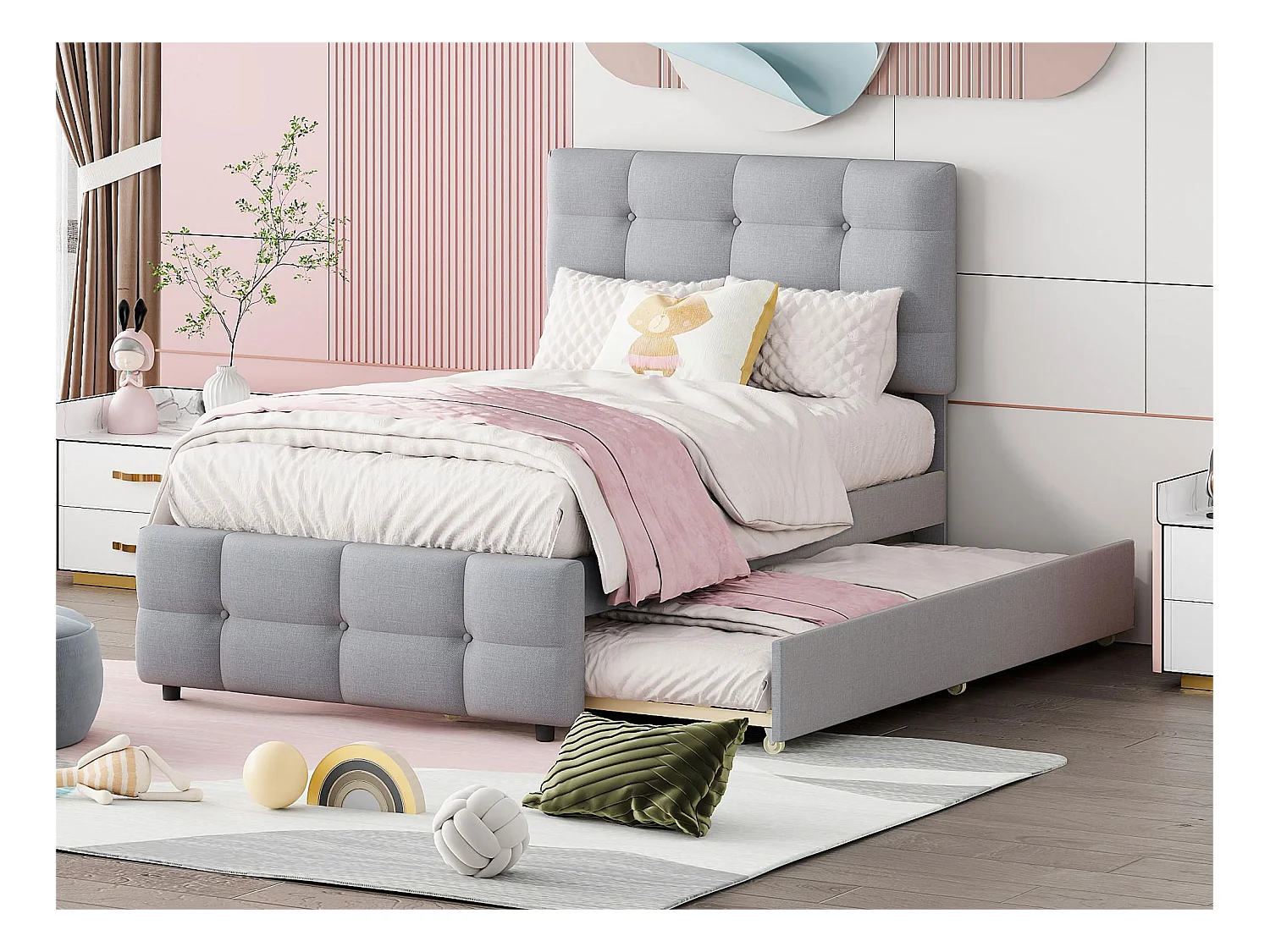Lit gigogne 90 x 190/200 cm - tête de lit réglable - tissu lin - pour enfants - gris