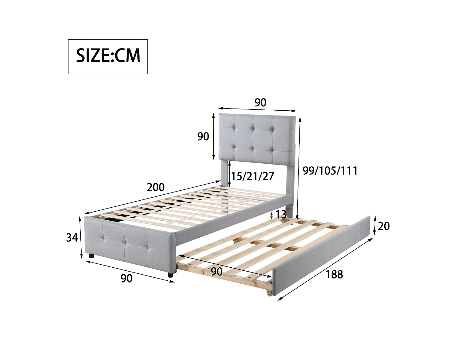 Onderschuifbed 90 x 190/200 cm - verstelbaar hoofdeinde - linnenstof - voor kinderen - grijs