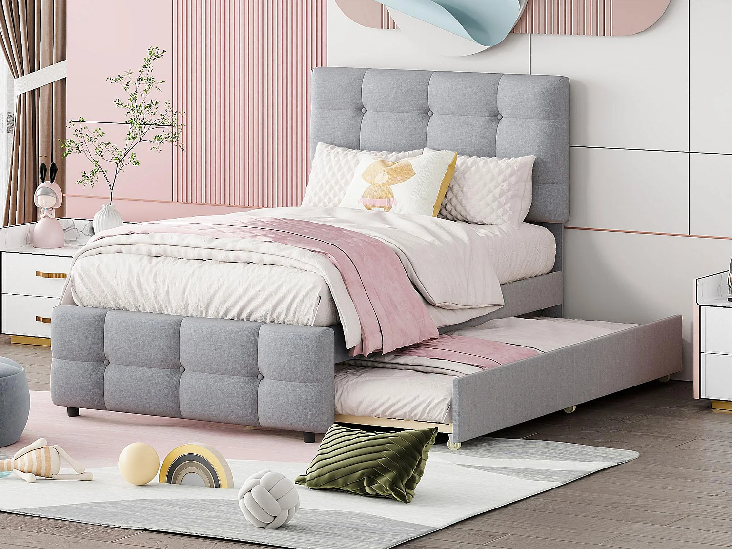 Lit gigogne 90 x 190/200 cm - tête de lit réglable - tissu lin - pour enfants - gris