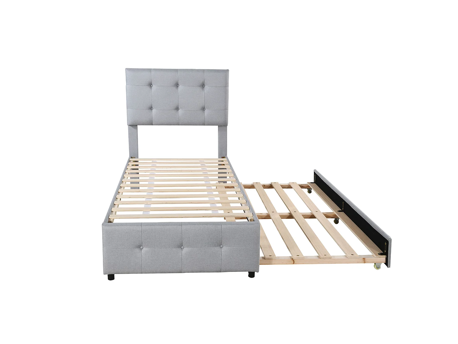 Lit gigogne 90 x 190/200 cm - tête de lit réglable - tissu lin - pour enfants - gris