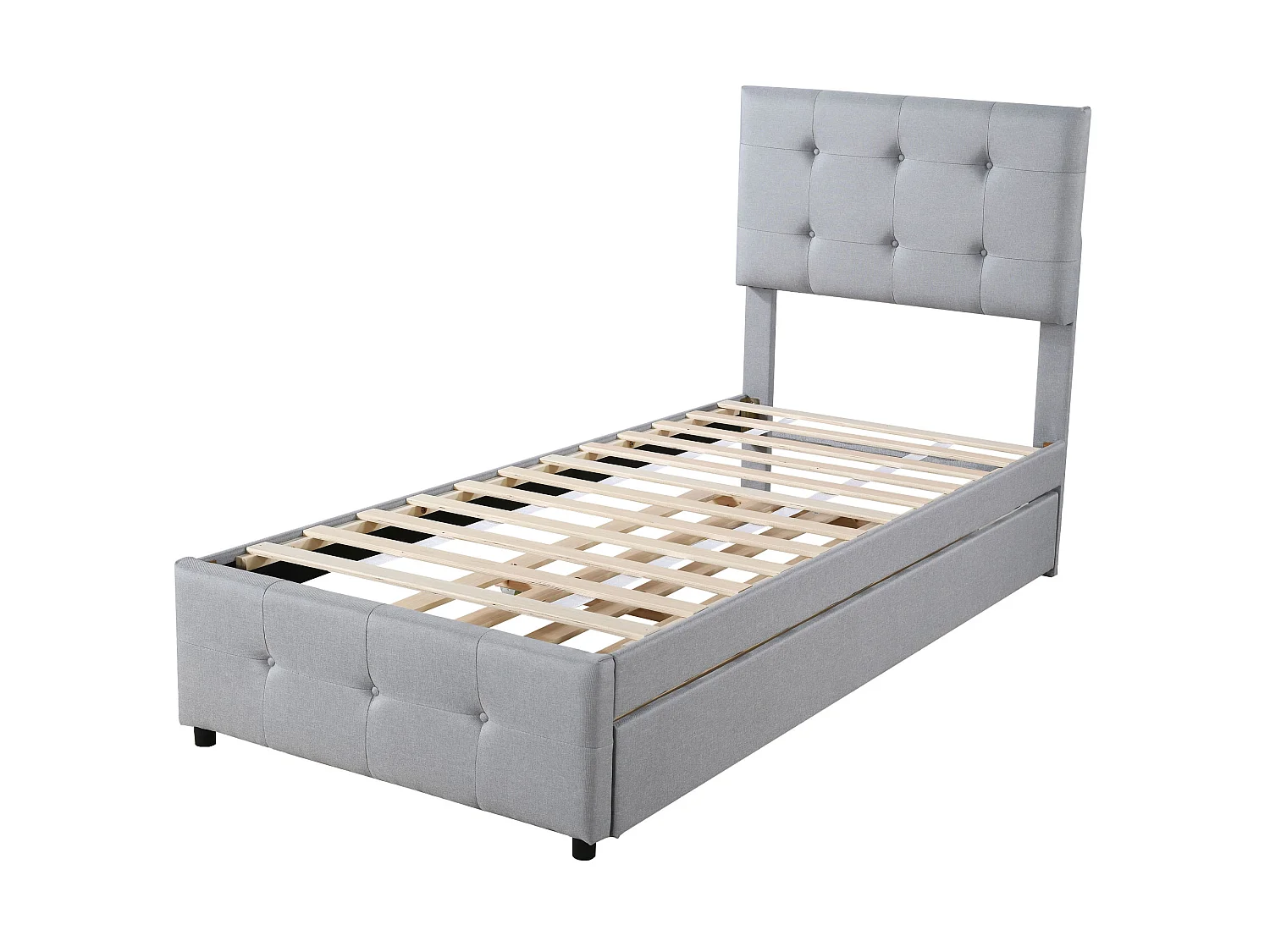 Lit gigogne 90 x 190/200 cm - tête de lit réglable - tissu lin - pour enfants - gris