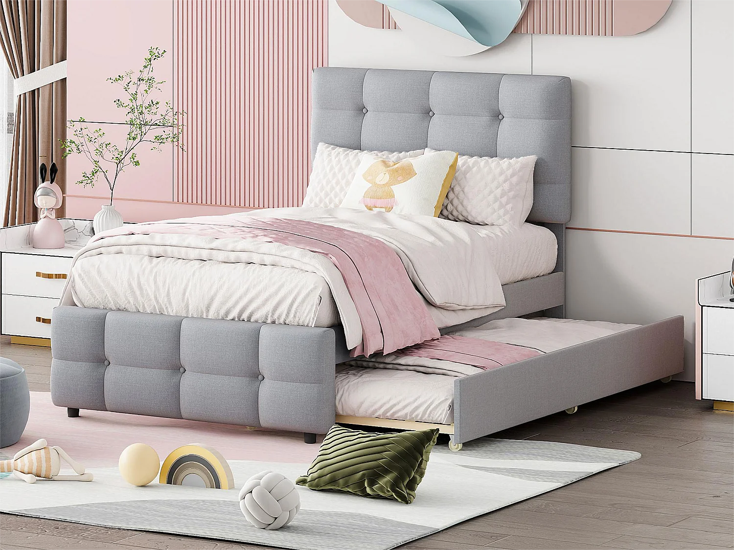 Ausziehbett 90 x 190/200 cm – verstellbares Kopfteil – Leinenstoff – für Kinder – Grau