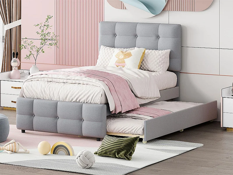 Onderschuifbed 90 x 190/200 cm - verstelbaar hoofdeinde - linnenstof - voor kinderen - grijs