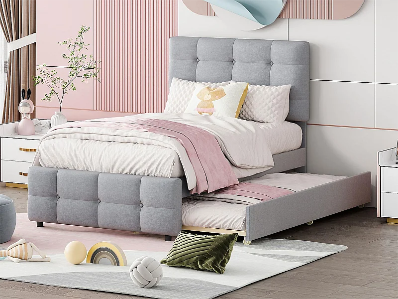 Cama com gavetão 90 x 190/200 cm - cabeceira ajustável - tecido de linho - para crianças - cinza