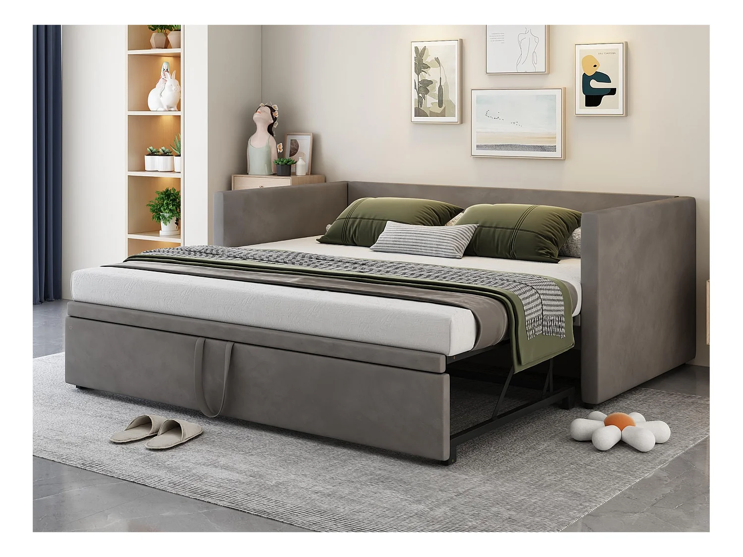 Kinderbed met onderschuifbed 90/180 x 200 cm - fluweel - moderne stijl - grijs