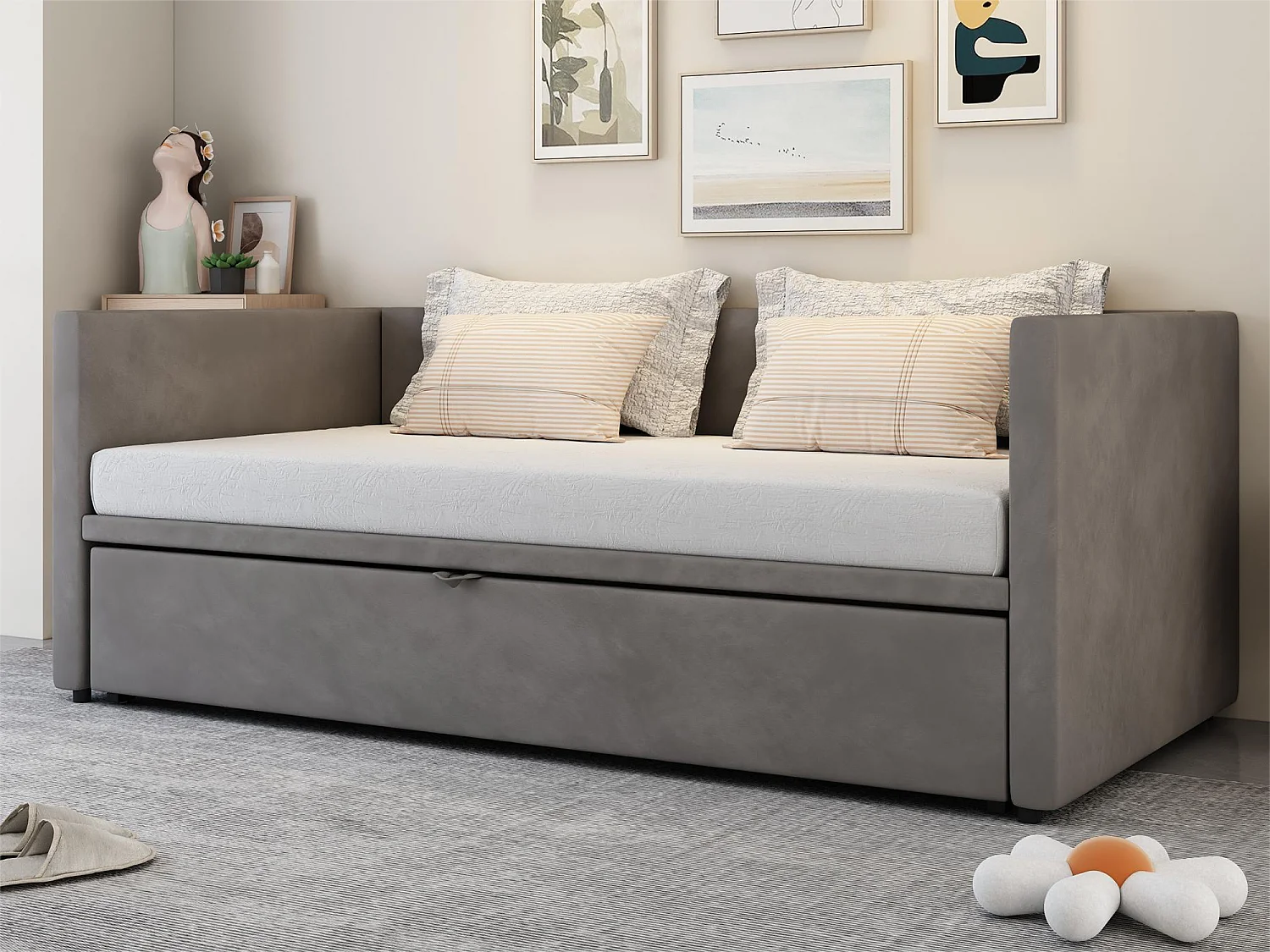 Cama dobrável 90/180 x 200 cm para crianças - veludo - estilo contemporâneo - cor cinza