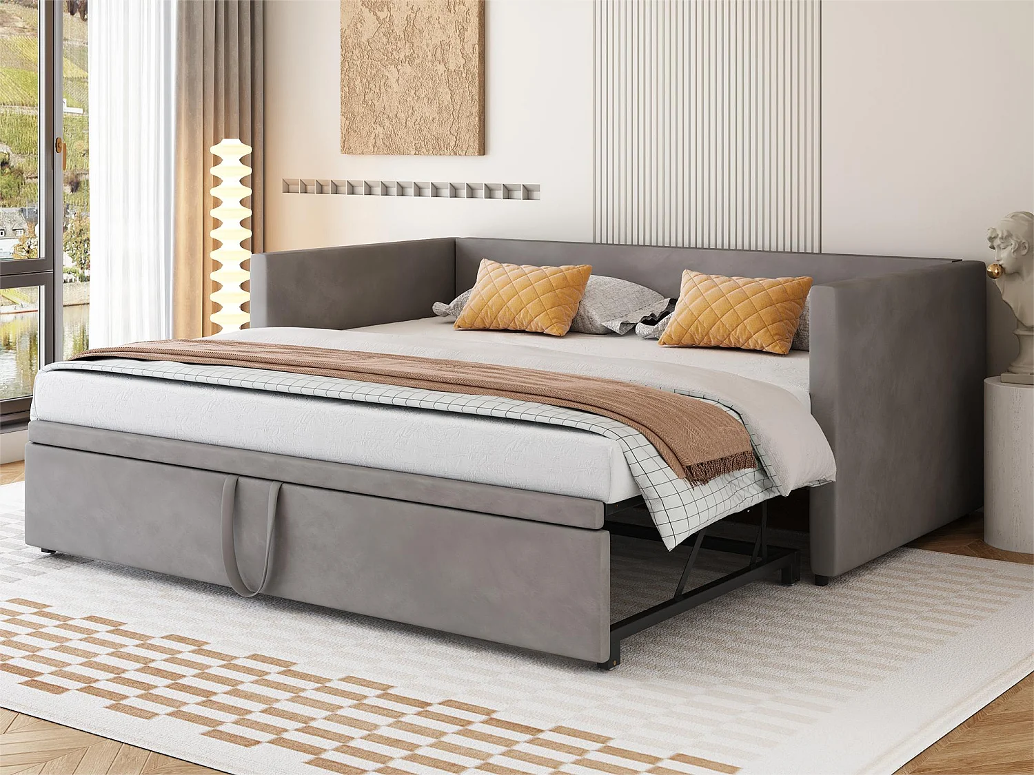 Cama dobrável 90/180 x 200 cm para crianças - veludo - estilo contemporâneo - cor cinza