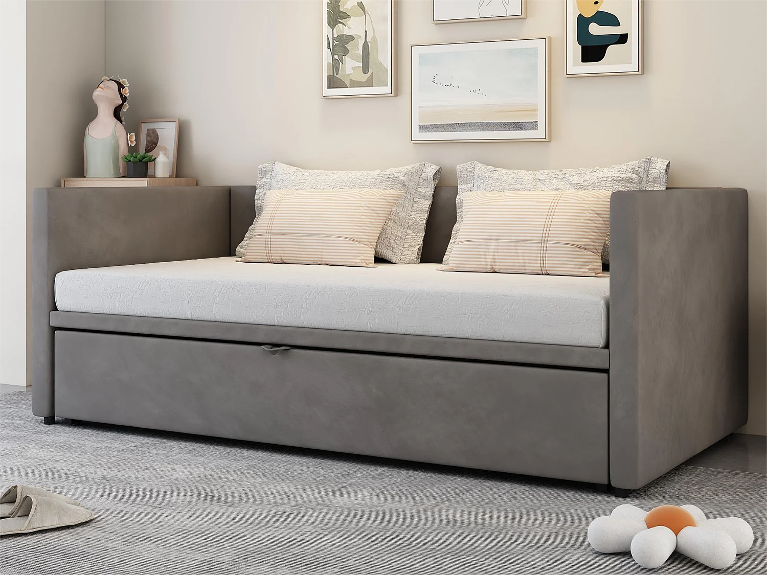 Cama dobrável 90/180 x 200 cm para crianças - veludo - estilo contemporâneo - cor cinza