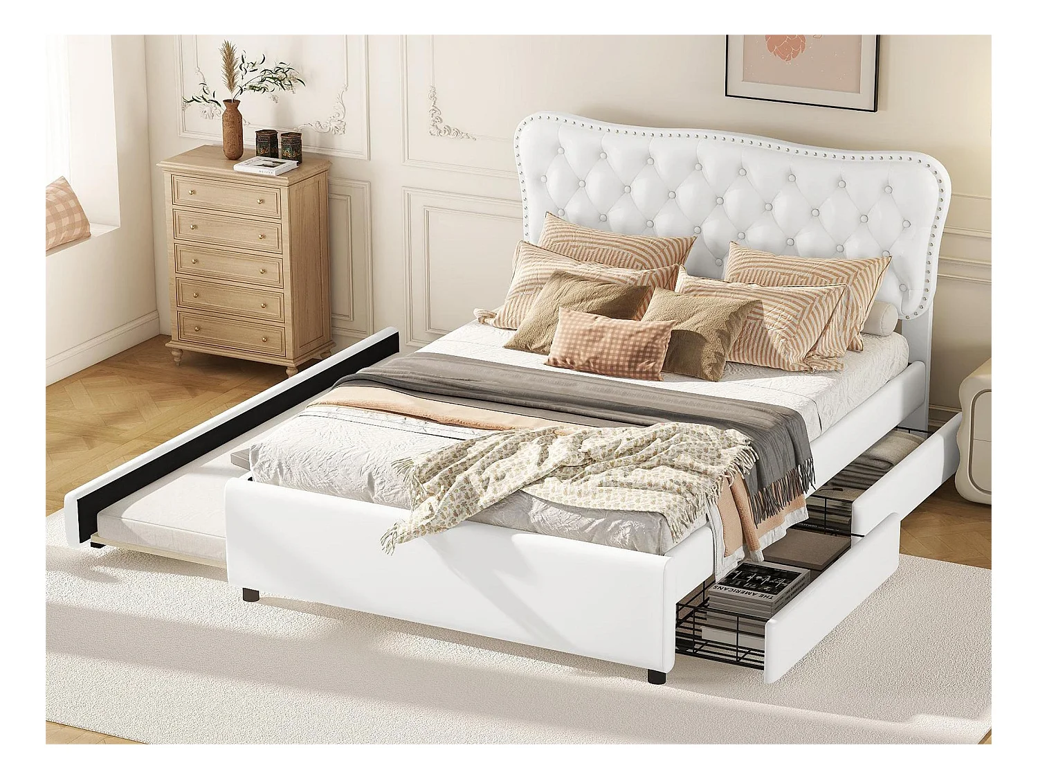 Lit capitonné adulte 140 x 200 cm avec lit gigogne 90 x 190 cm - 2 tiroirs - similicuir - blanc
