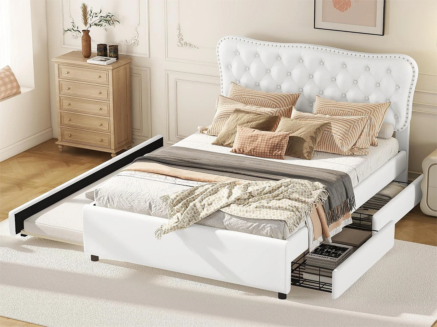 Lit capitonné adulte 140 x 200 cm avec lit gigogne 90 x 190 cm - 2 tiroirs - similicuir - blanc