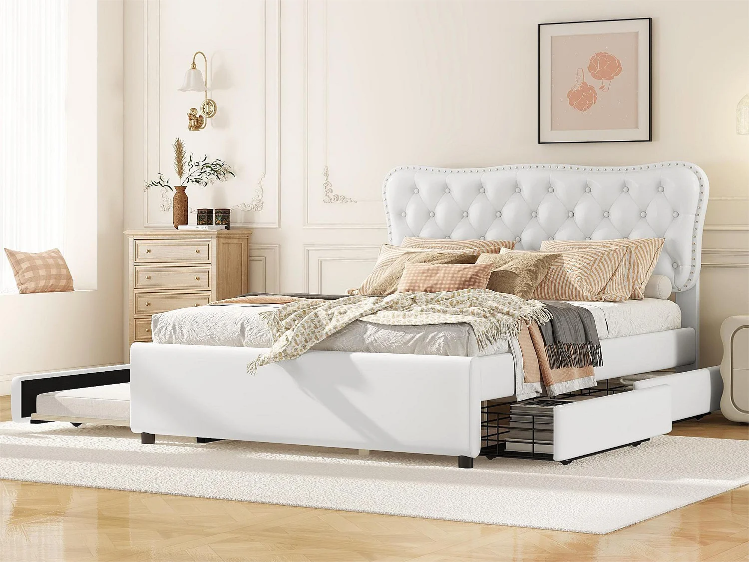 Lit capitonné adulte 140 x 200 cm avec lit gigogne 90 x 190 cm - 2 tiroirs - similicuir - blanc