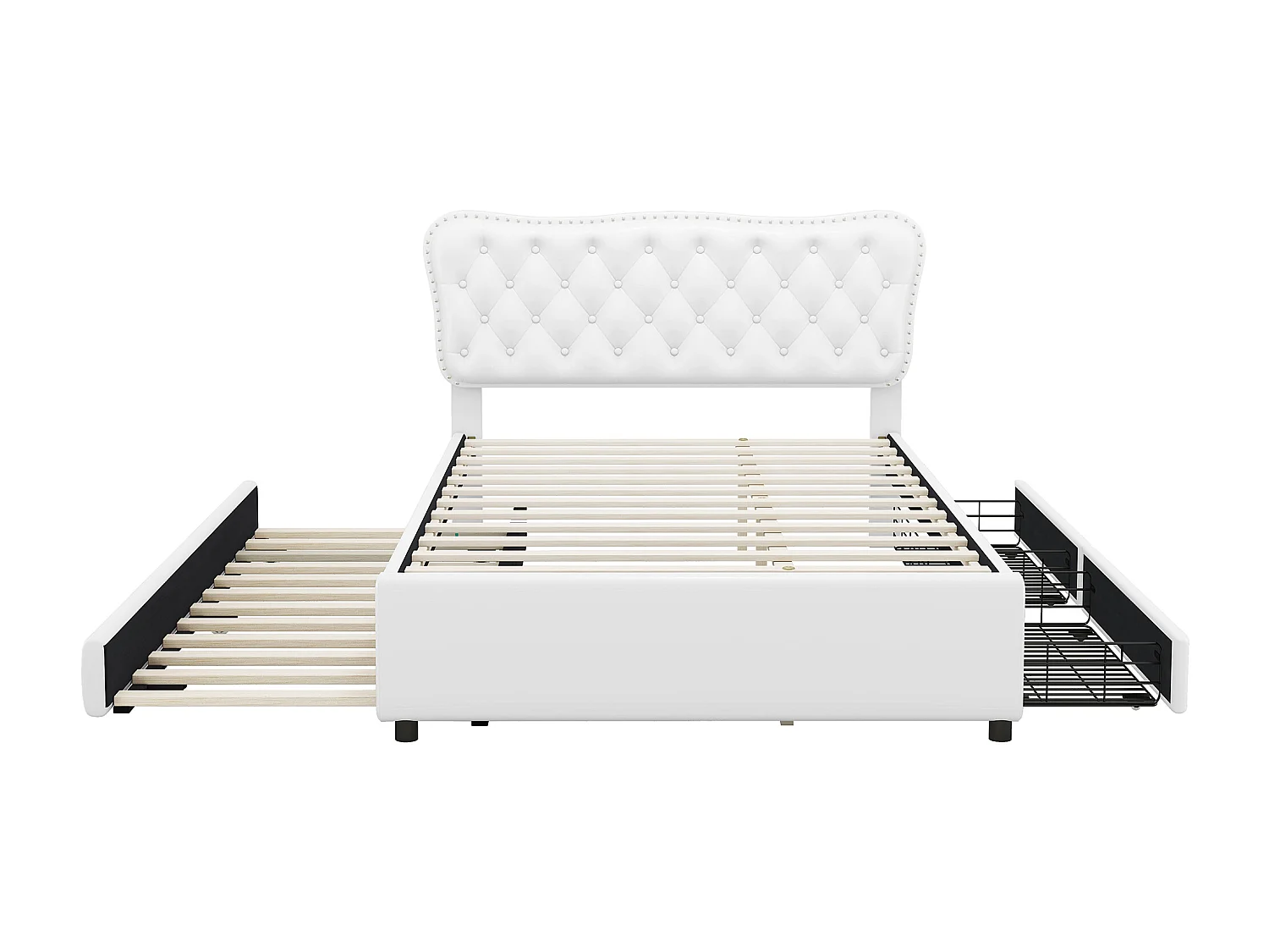 Lit capitonné adulte 140 x 200 cm avec lit gigogne 90 x 190 cm - 2 tiroirs - similicuir - blanc