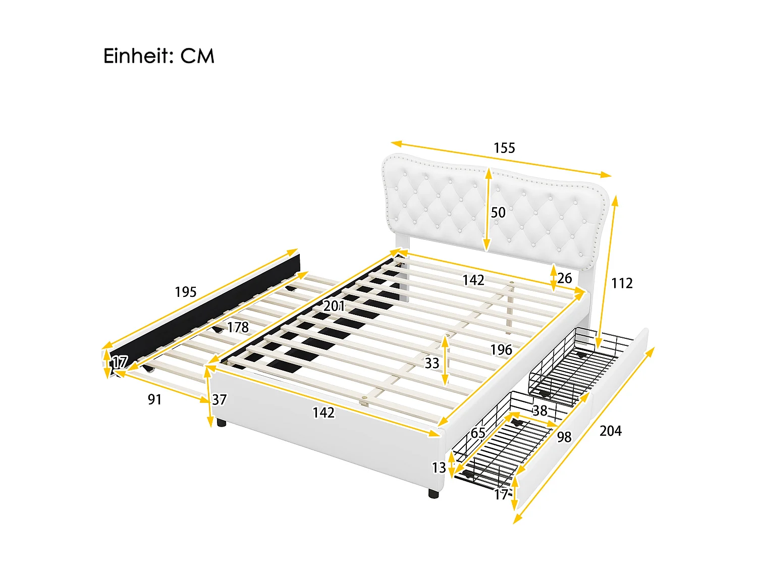 Lit capitonné adulte 140 x 200 cm avec lit gigogne 90 x 190 cm - 2 tiroirs - similicuir - blanc
