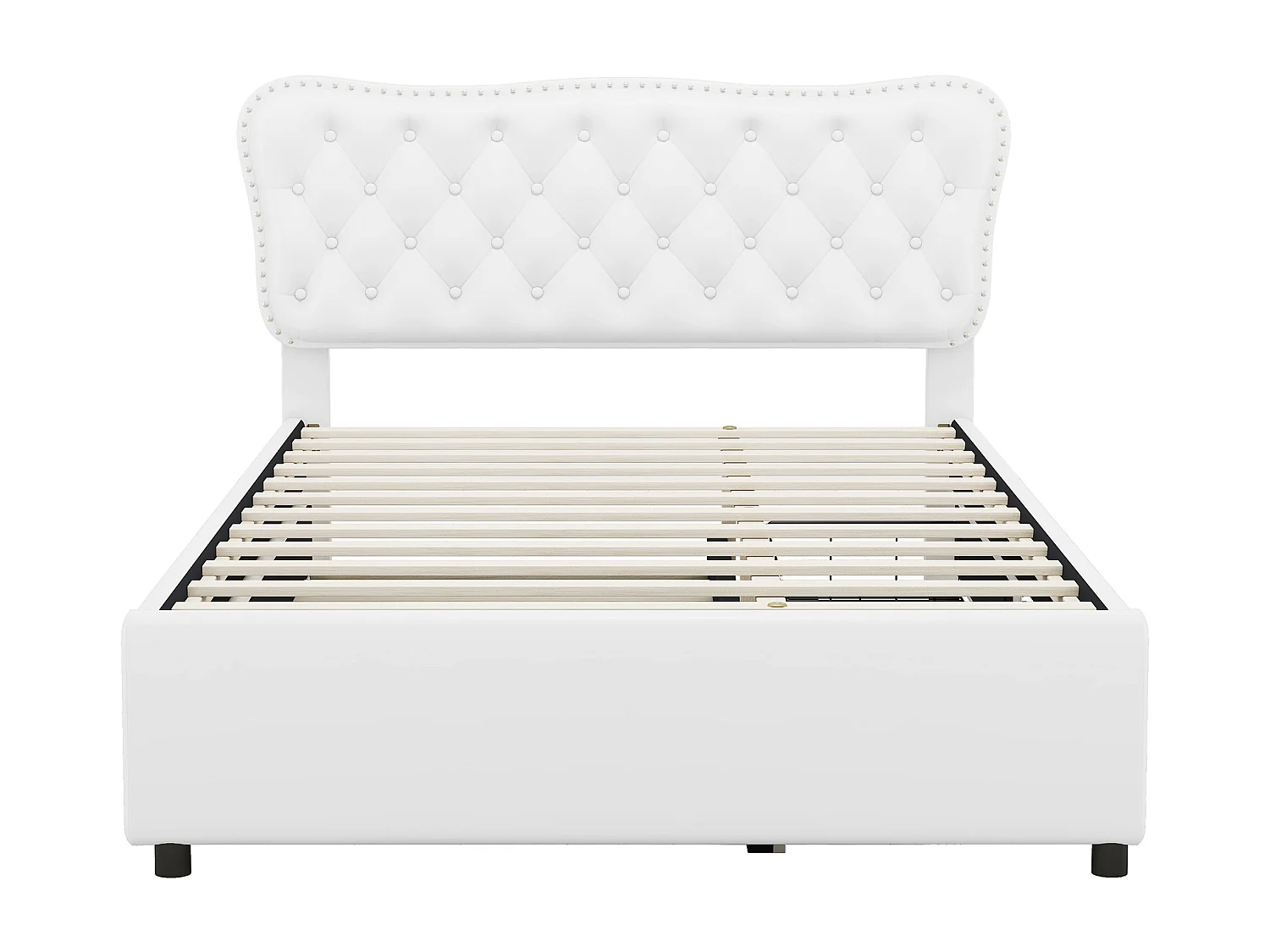 Lit capitonné adulte 140 x 200 cm avec lit gigogne 90 x 190 cm - 2 tiroirs - similicuir - blanc