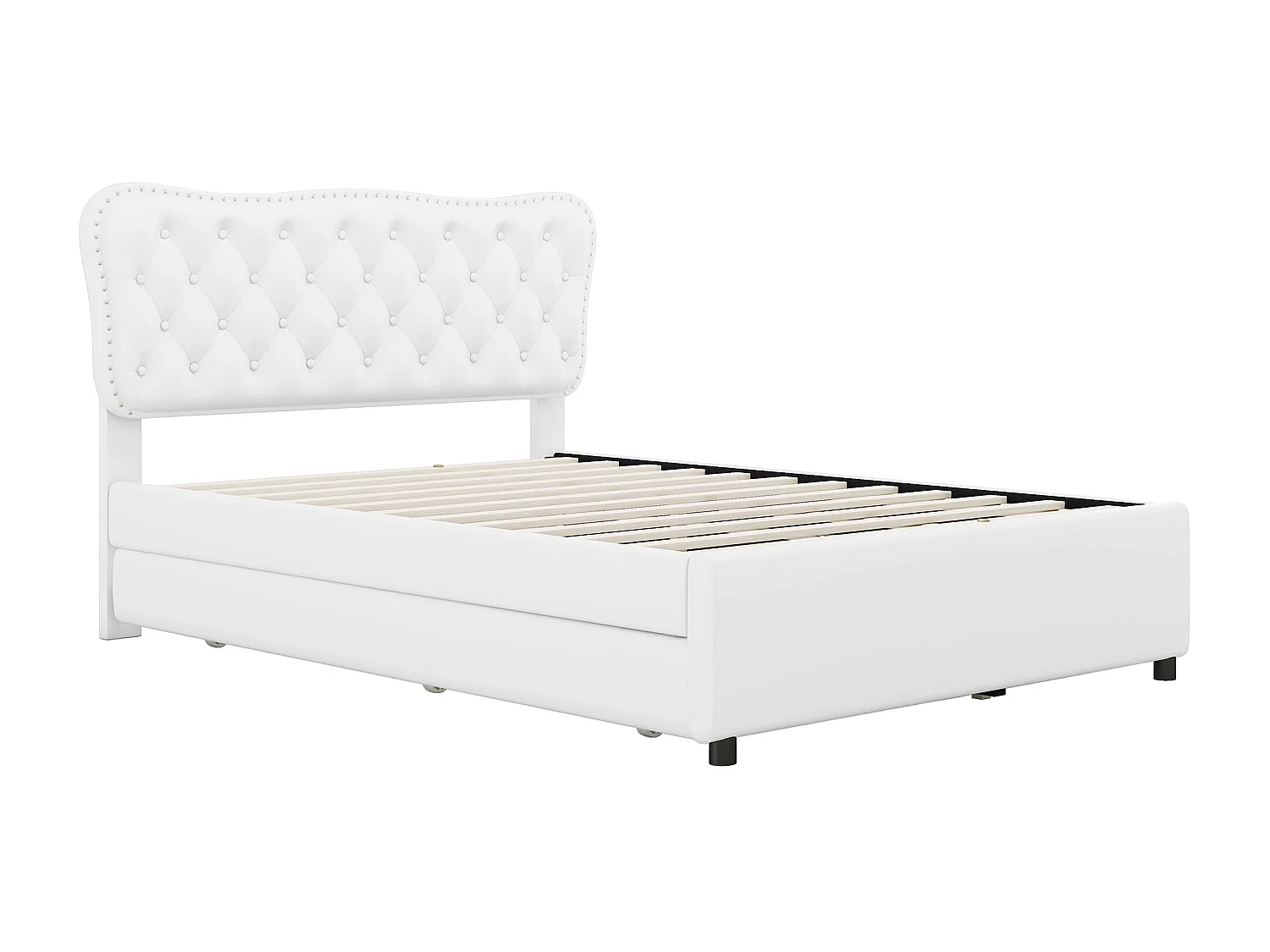 Lit capitonné adulte 140 x 200 cm avec lit gigogne 90 x 190 cm - 2 tiroirs - similicuir - blanc