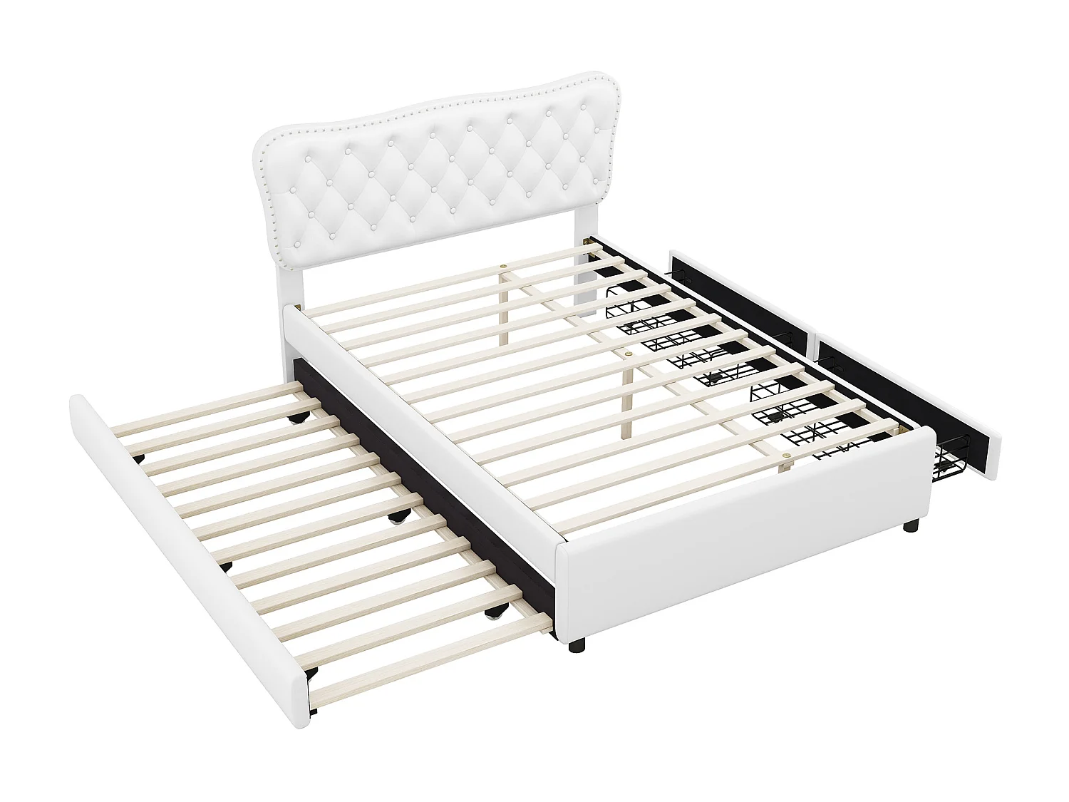 Lit capitonné adulte 140 x 200 cm avec lit gigogne 90 x 190 cm - 2 tiroirs - similicuir - blanc