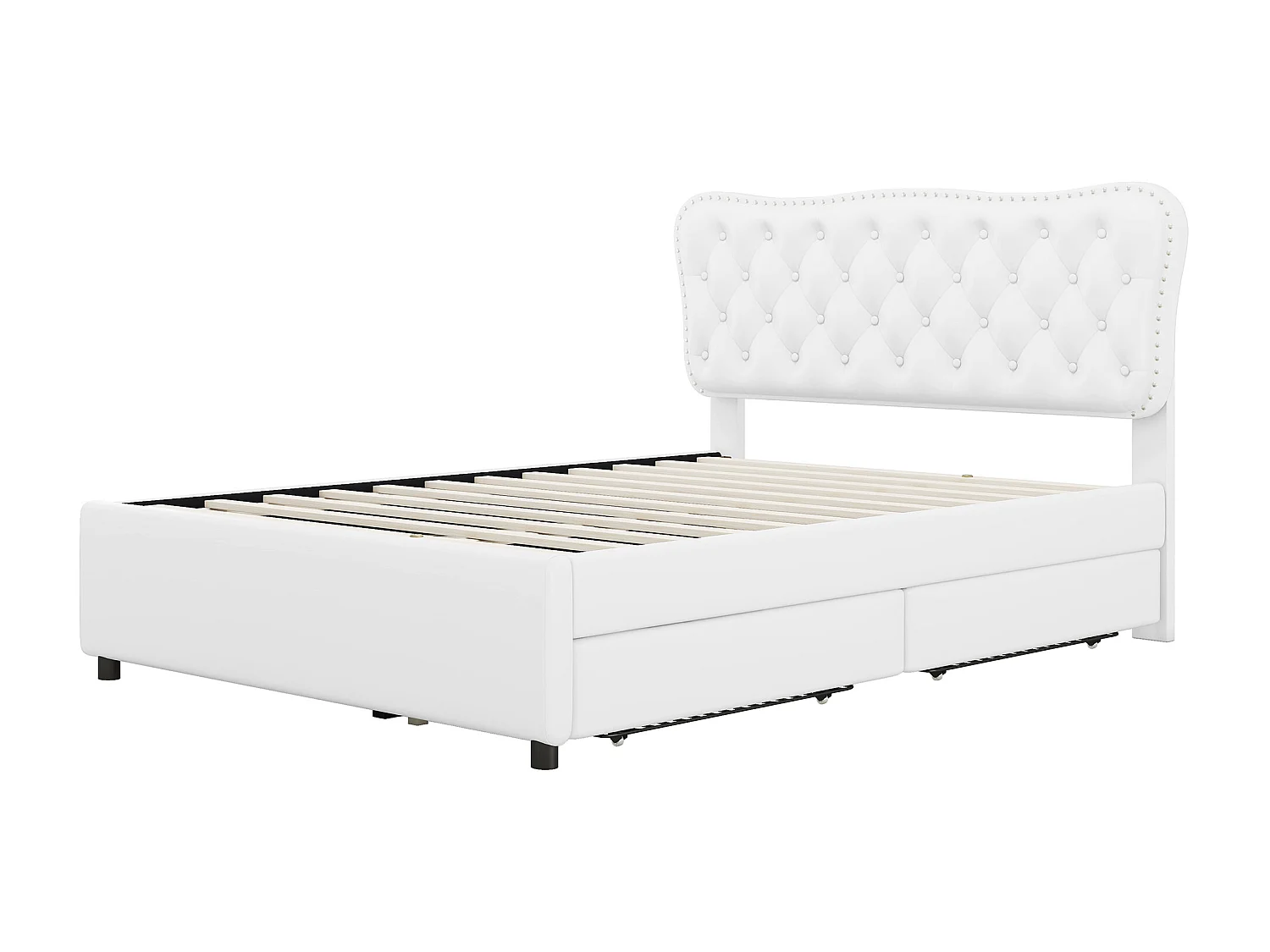 Lit capitonné adulte 140 x 200 cm avec lit gigogne 90 x 190 cm - 2 tiroirs - similicuir - blanc