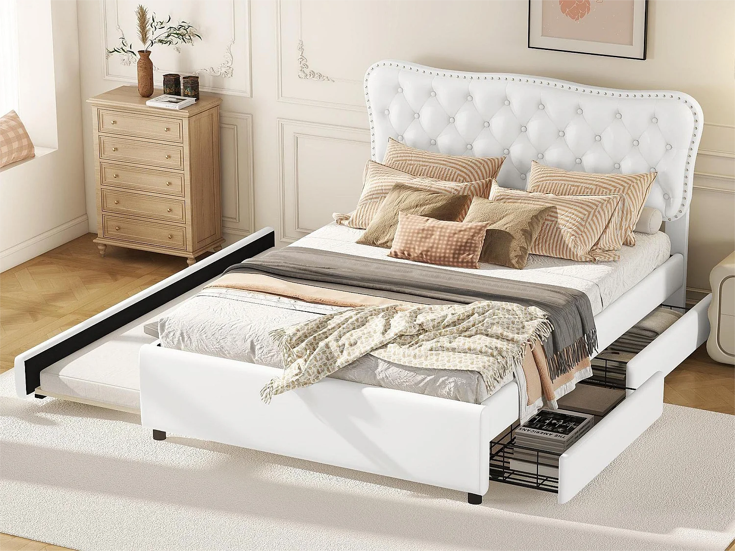 Lit capitonné adulte 140 x 200 cm avec lit gigogne 90 x 190 cm - 2 tiroirs - similicuir - blanc