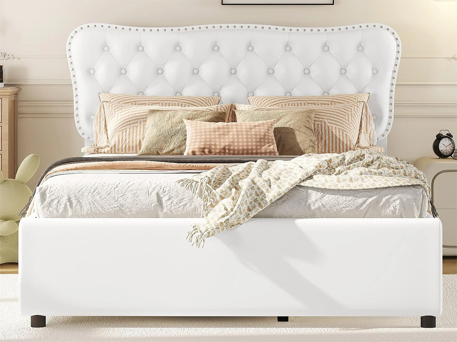 Lit capitonné adulte 140 x 200 cm avec lit gigogne 90 x 190 cm - 2 tiroirs - similicuir - blanc