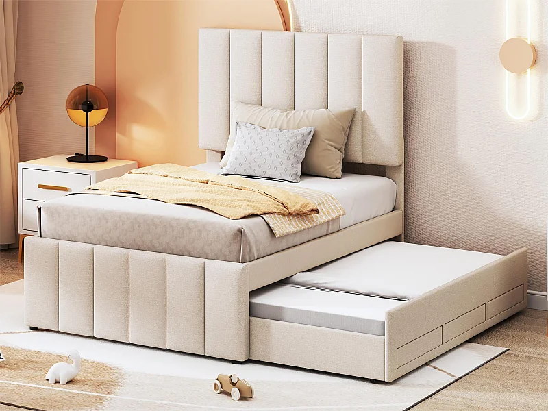 Onderschuifbed 90 x 190/200 cm met 3 lades - linnenstof - lattenbodem - beige