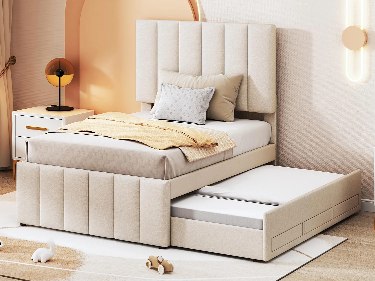 Cama de rodízio 90 x 190/200 cm com 3 gavetas - tecido de linho - base de ripas - bege