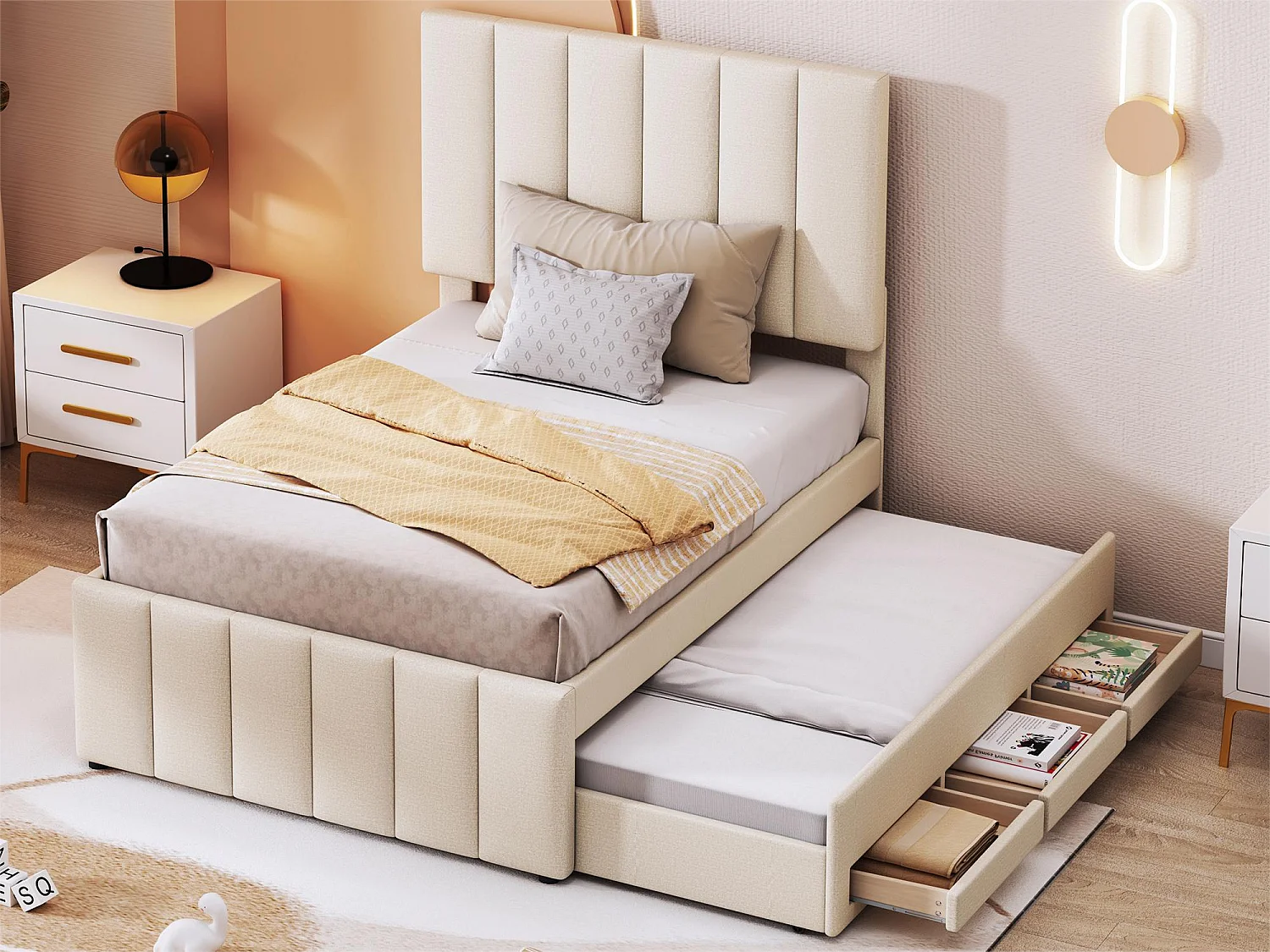 Cama de rodízio 90 x 190/200 cm com 3 gavetas - tecido de linho - base de ripas - bege