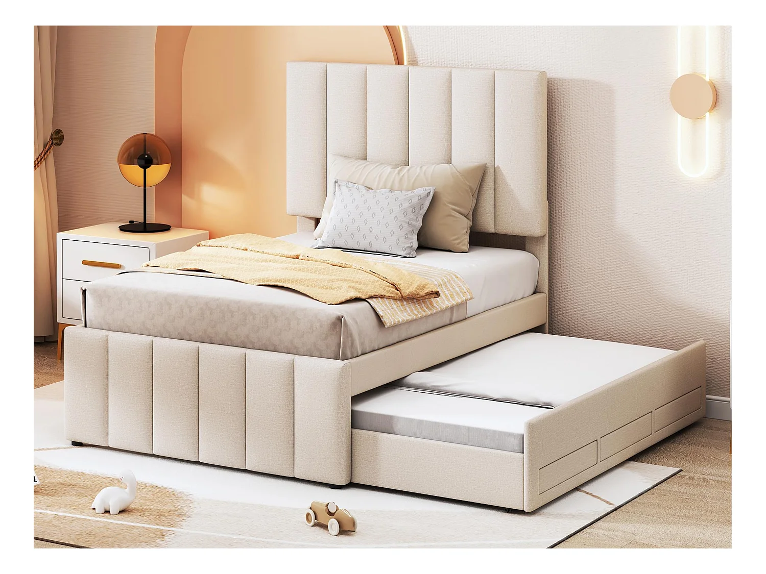 Onderschuifbed 90 x 190/200 cm met 3 lades - linnenstof - lattenbodem - beige