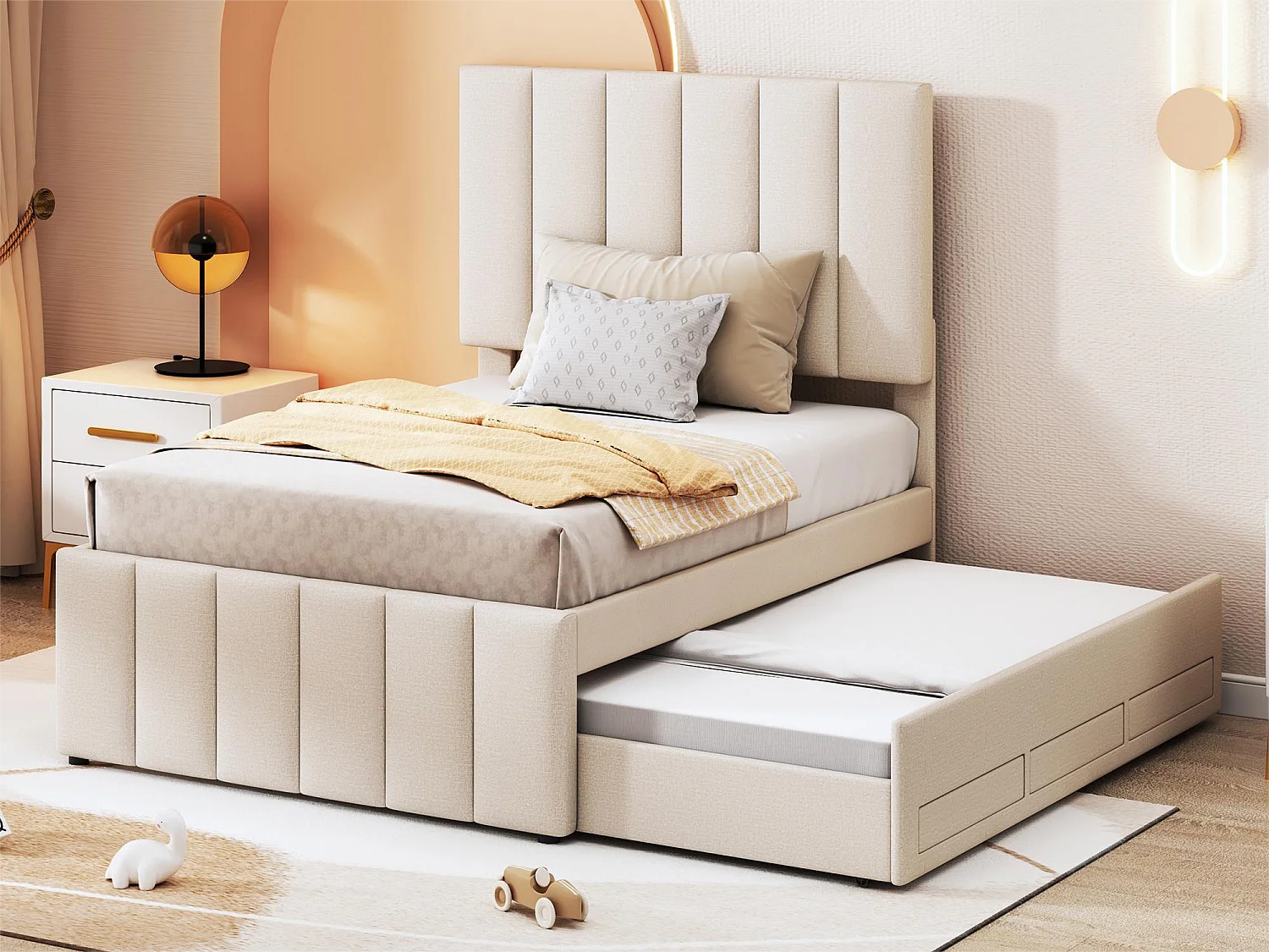 Cama nido 90 x 190/200 cm con 3 cajones - tela de lino - somier de láminas - beige