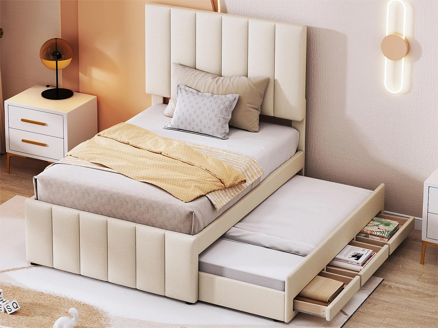 Cama nido 90 x 190/200 cm con 3 cajones - tela de lino - somier de láminas - beige