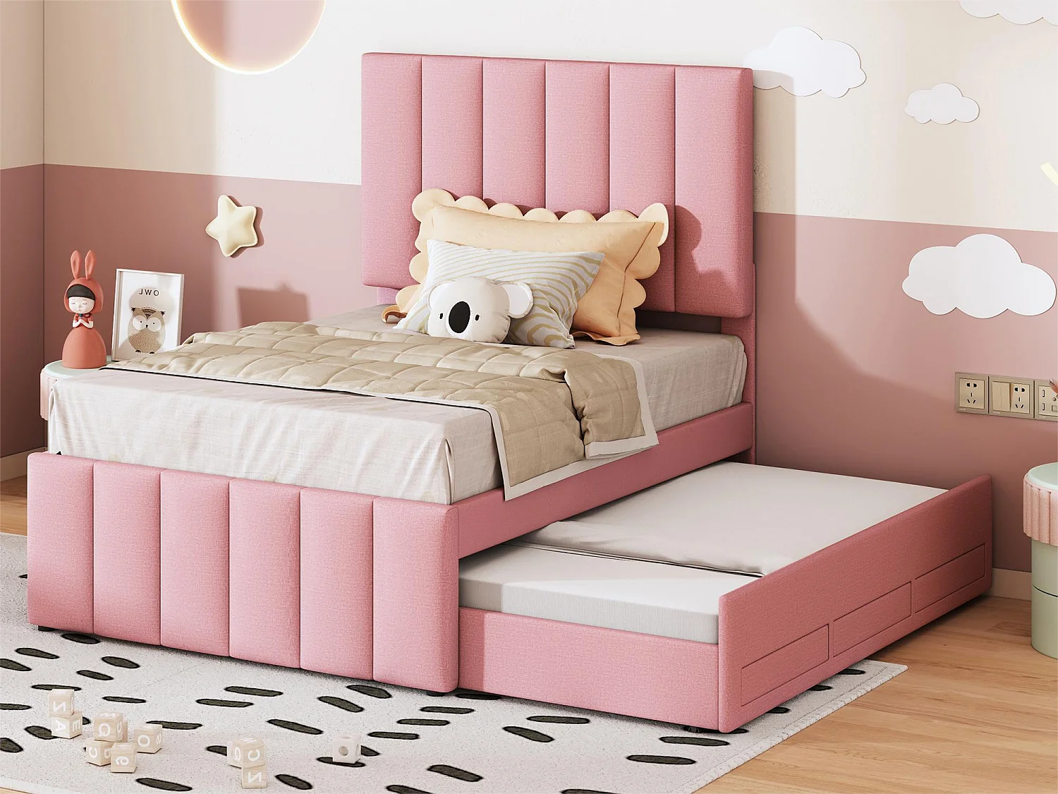 Cama com gavetão 90 x 190/200 cm com 3 gavetas - tecido de linho - base de ripas - rosa