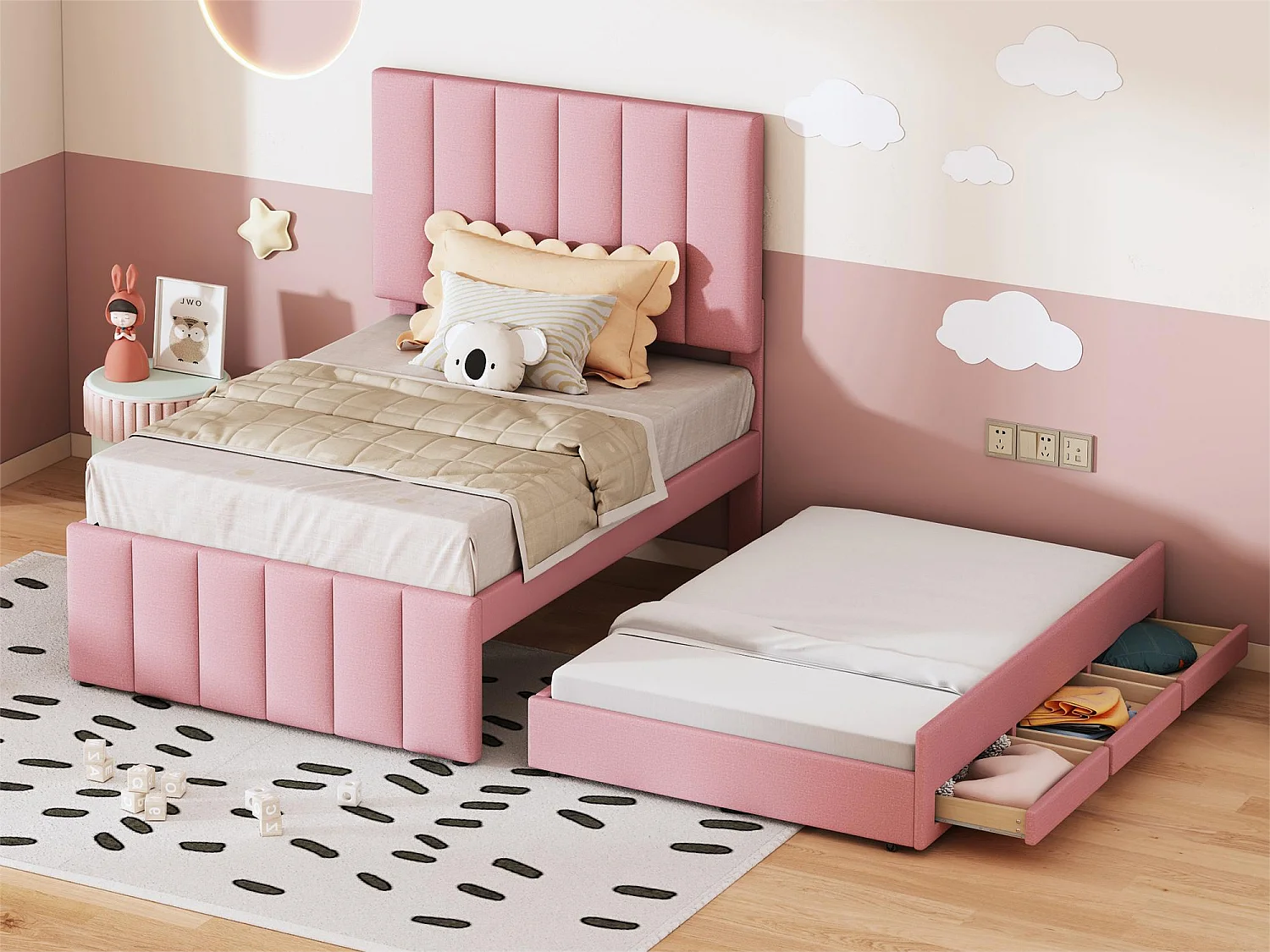 Cama com gavetão 90 x 190/200 cm com 3 gavetas - tecido de linho - base de ripas - rosa