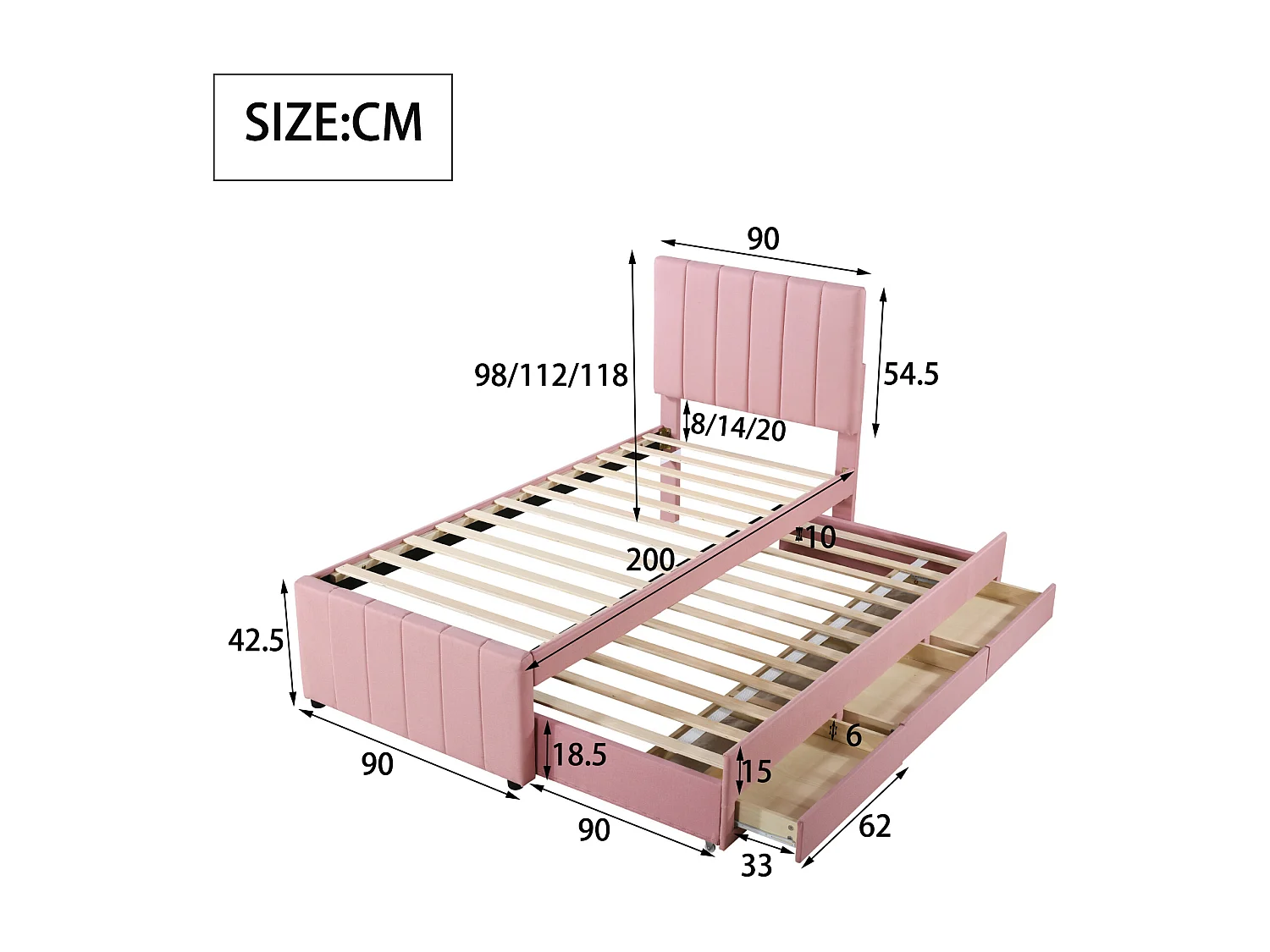 Cama com gavetão 90 x 190/200 cm com 3 gavetas - tecido de linho - base de ripas - rosa