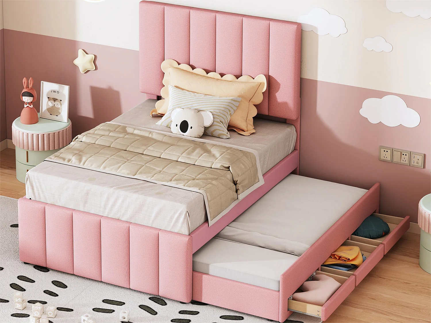 Cama com gavetão 90 x 190/200 cm com 3 gavetas - tecido de linho - base de ripas - rosa