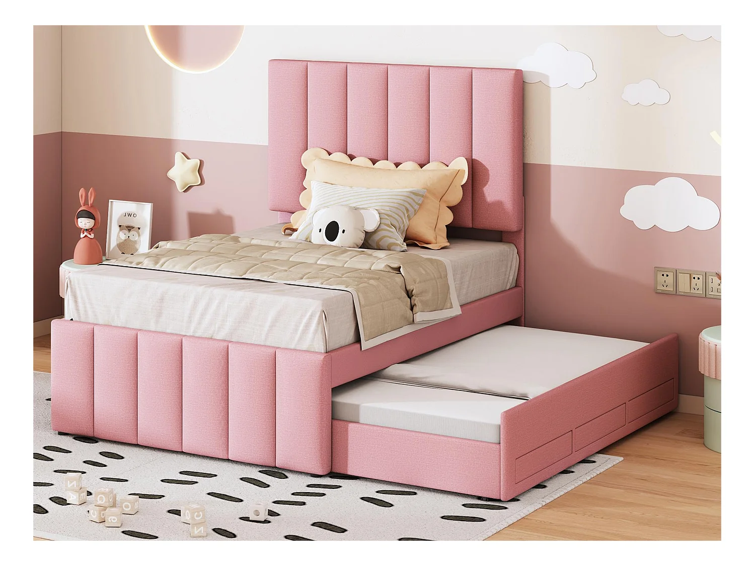 Onderschuifbed 90 x 190/200 cm met 3 lades - linnenstof - lattenbodem - roze