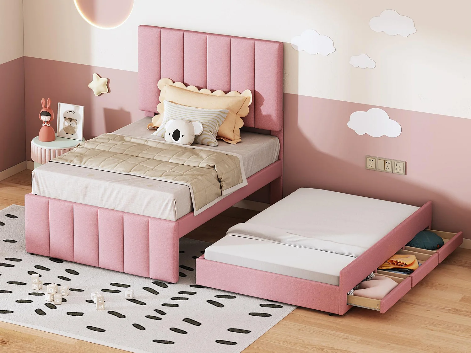 Ausziehbett 90 x 190/200 cm mit 3 Schubladen – Leinenstoff – Lattenrost – Rosa