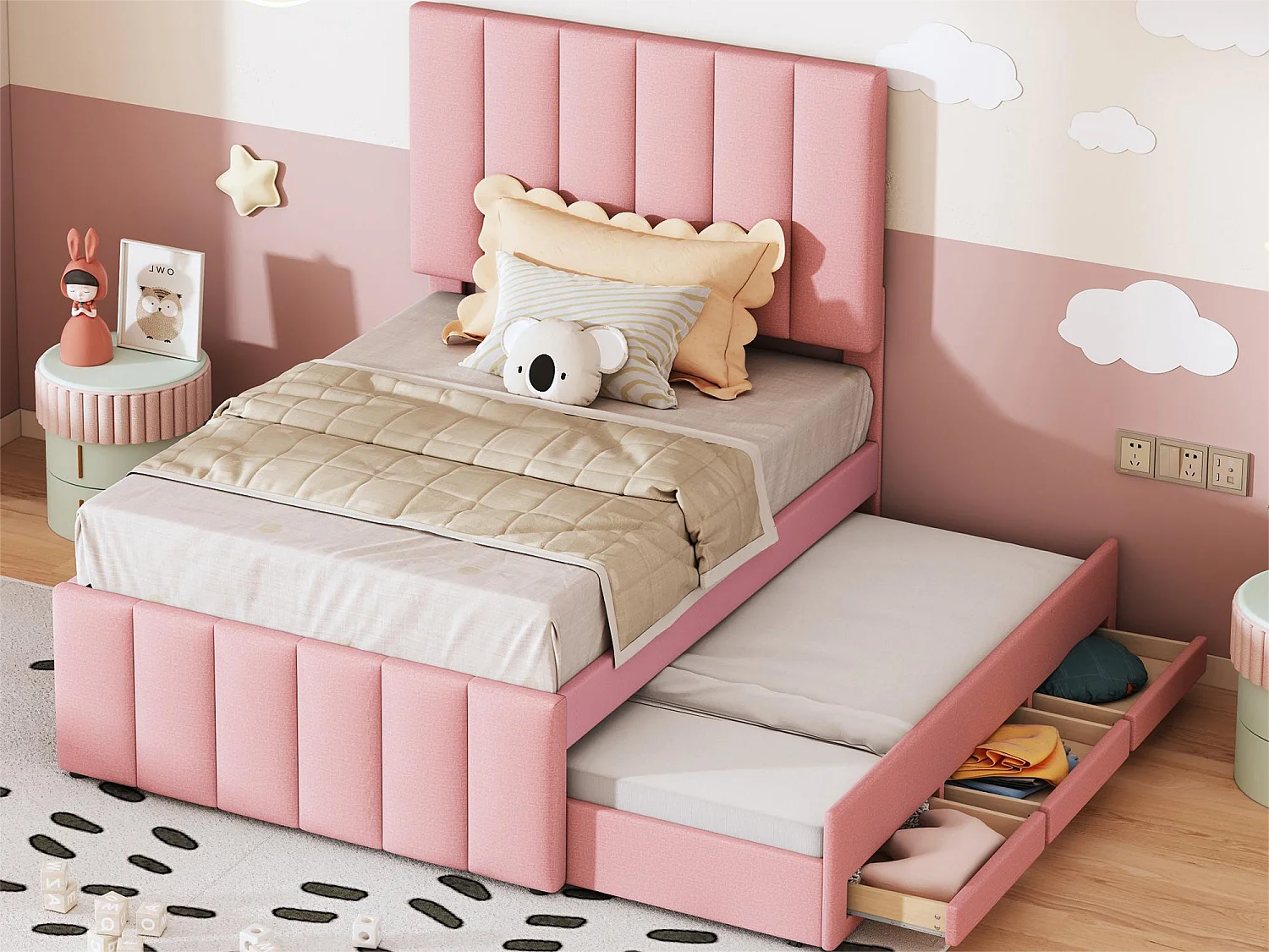 Ausziehbett 90 x 190/200 cm mit 3 Schubladen – Leinenstoff – Lattenrost – Rosa