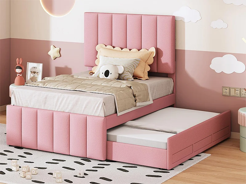 Lit gigogne 90 x 190/200 cm avec 3 tiroirs - tissu lin - sommier à lattes - rose