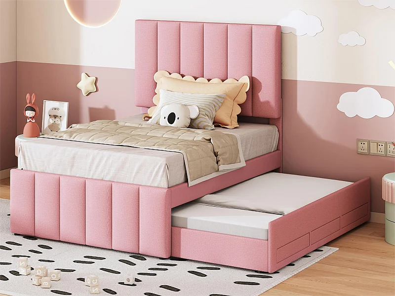 Cama com gavetão 90 x 190/200 cm com 3 gavetas - tecido de linho - base de ripas - rosa