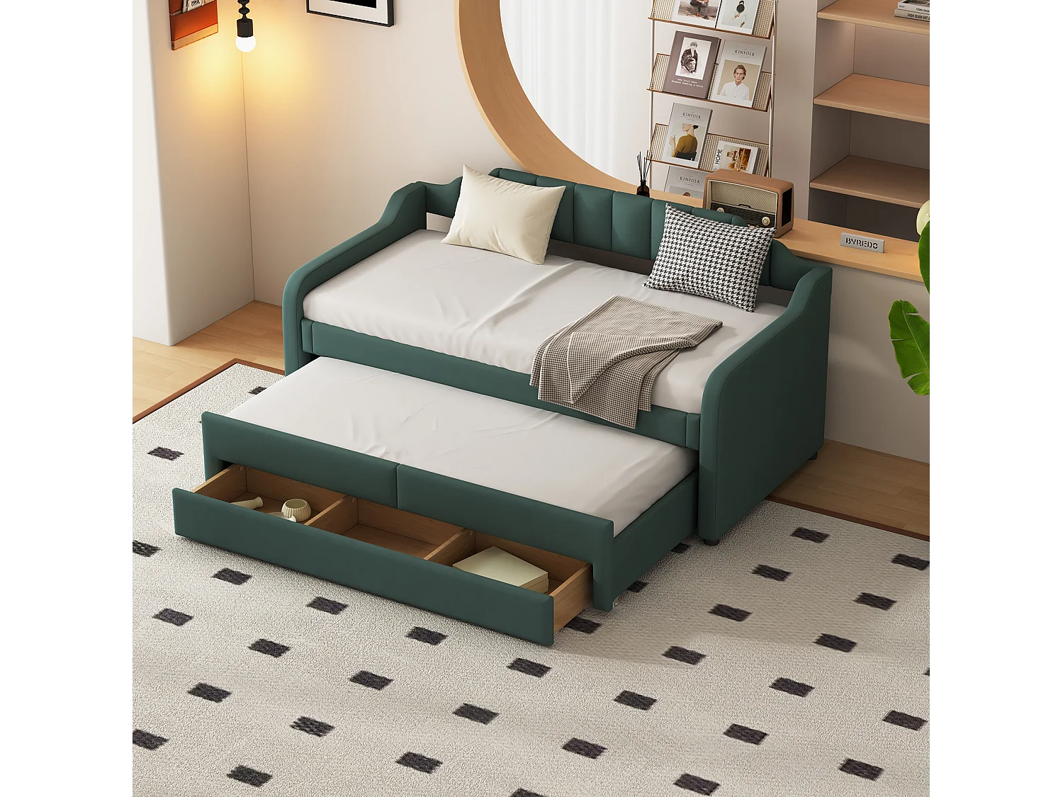 Cama de solteiro móvel com 3 gavetas - 90 x 200 cm + 90 x 190 cm - linho e MDF - cor verde