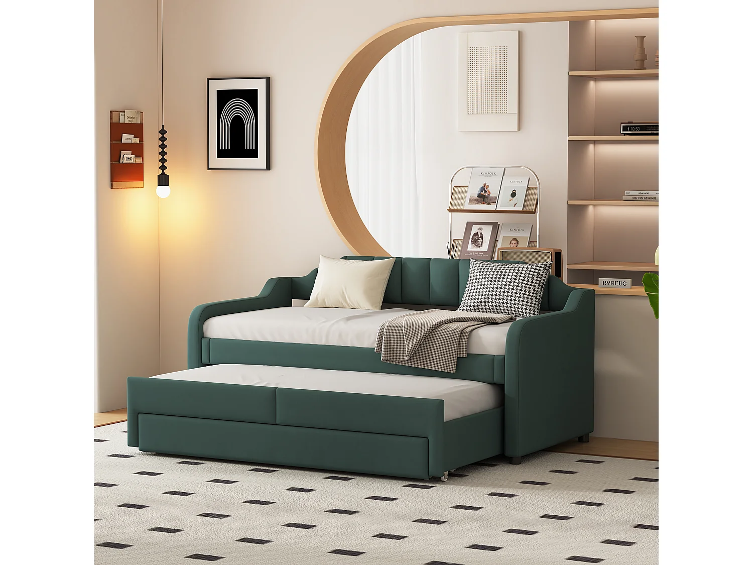 Cama de solteiro móvel com 3 gavetas - 90 x 200 cm + 90 x 190 cm - linho e MDF - cor verde